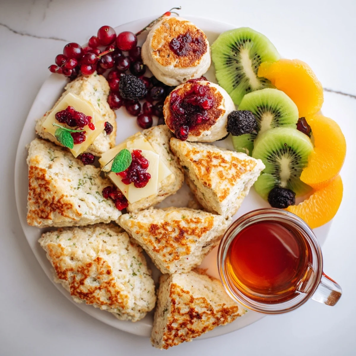 This beautifully arranged Breakfast Brunch Board Bliss includes golden pancakes, scones, and juicy, sweet fruit slices.