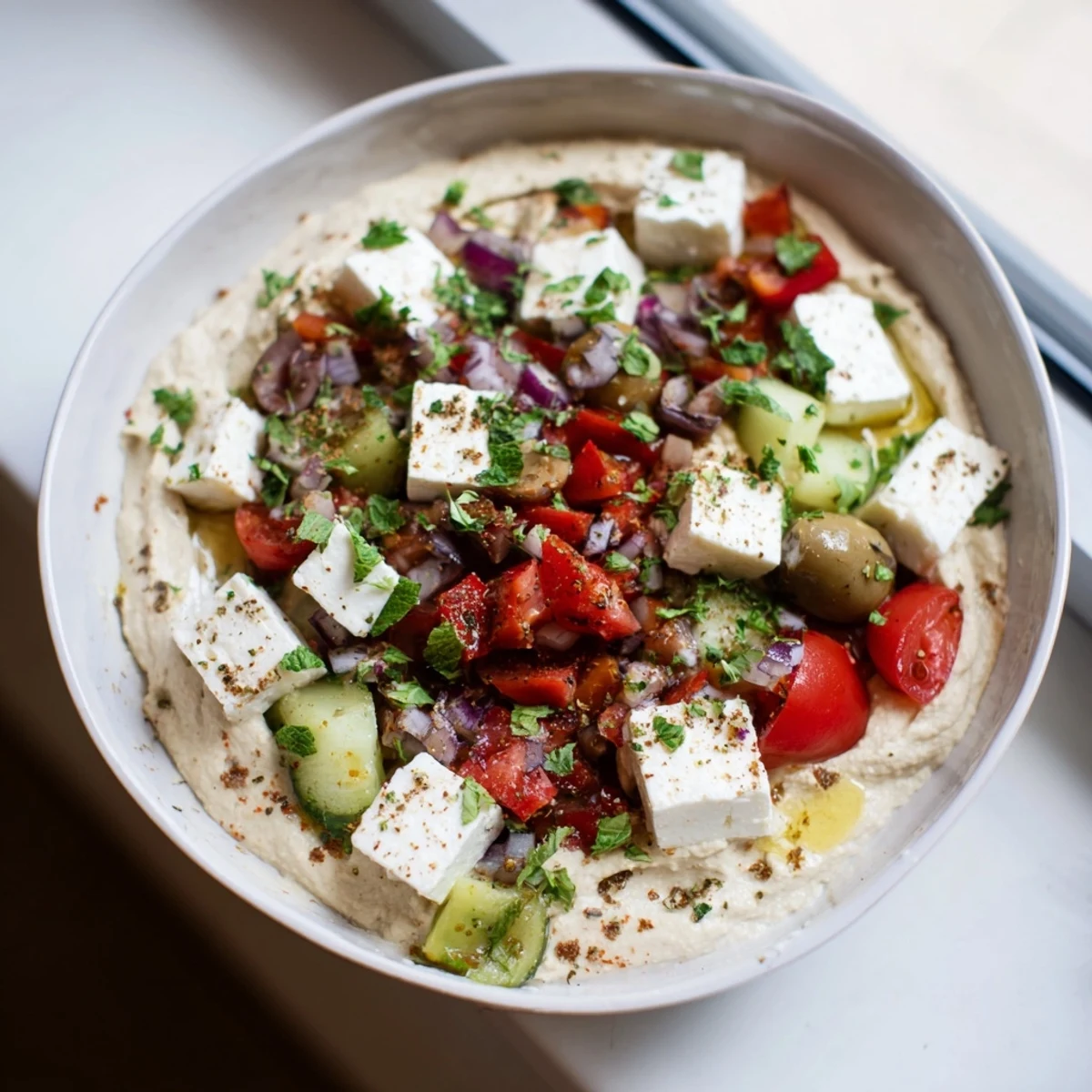 Mediterranean Mezza Platter with colorful hummus, baba ganoush, and fresh vegetables ready to share.