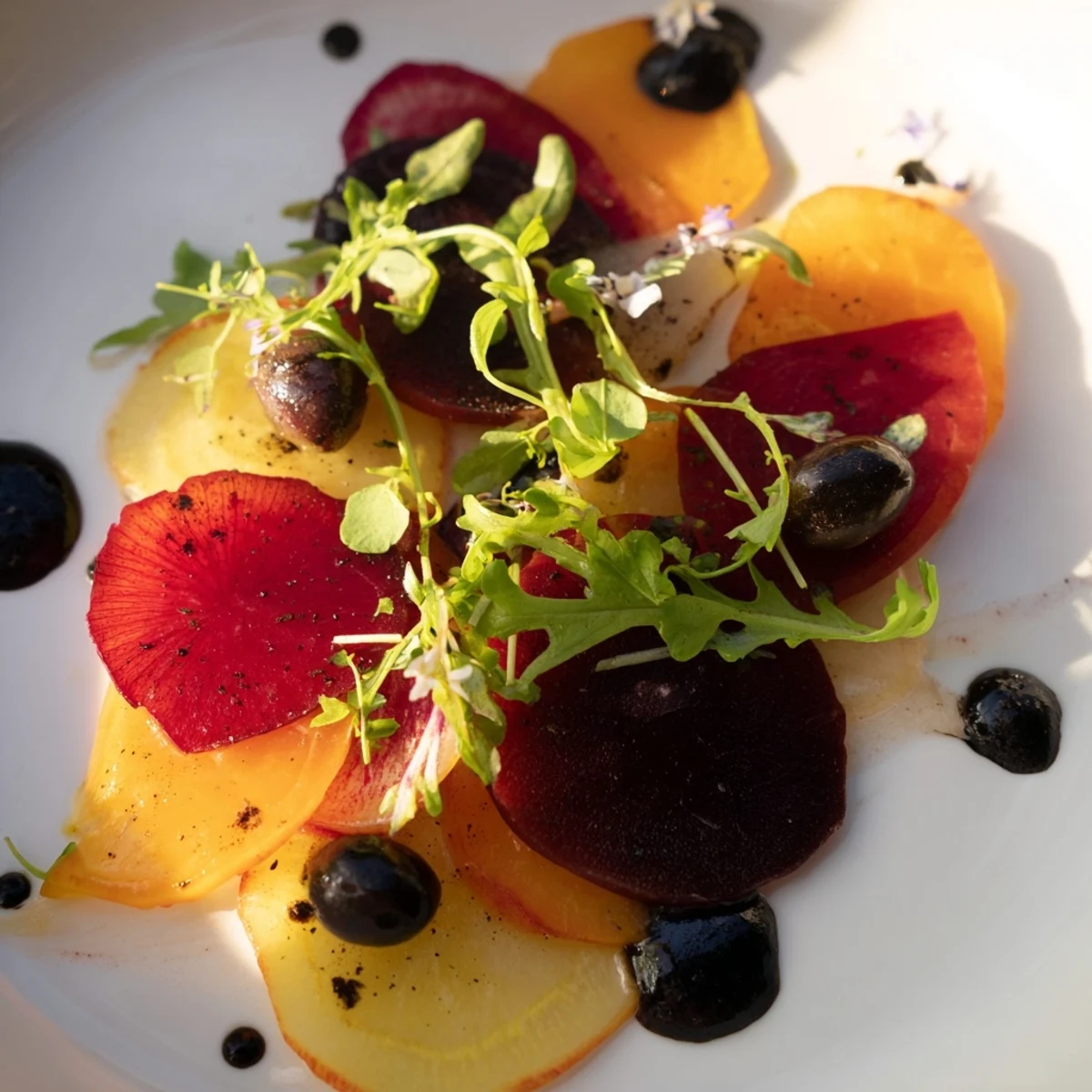 Artfully layered The Shadow Play appetizer features contrasting dark and bright vegetables with blackberries.