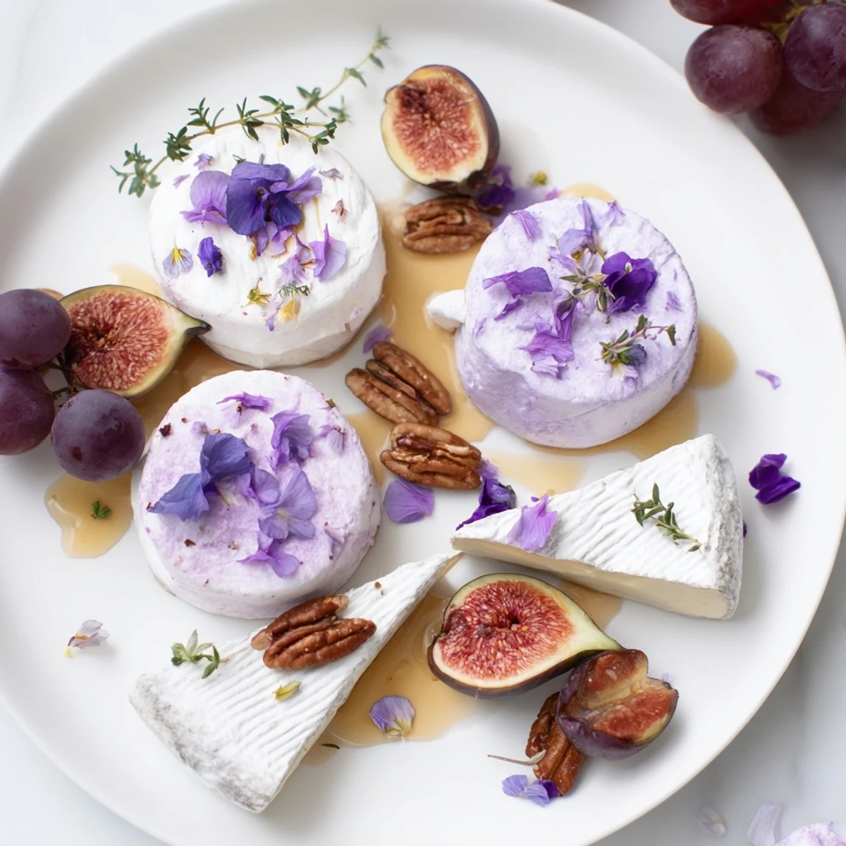 A beautifully arranged "Lavender Haze" cheese board with creamy brie and goat cheese.