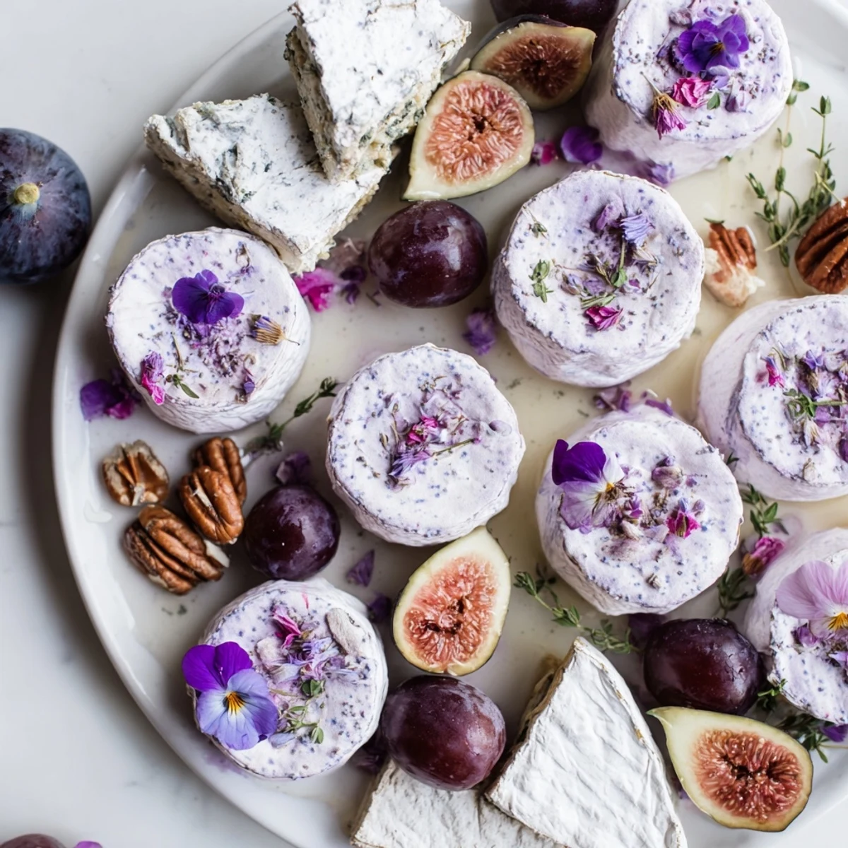 Elegant "Lavender Haze" appetizer showcasing purple grapes, figs, and lavender-infused goat cheese.