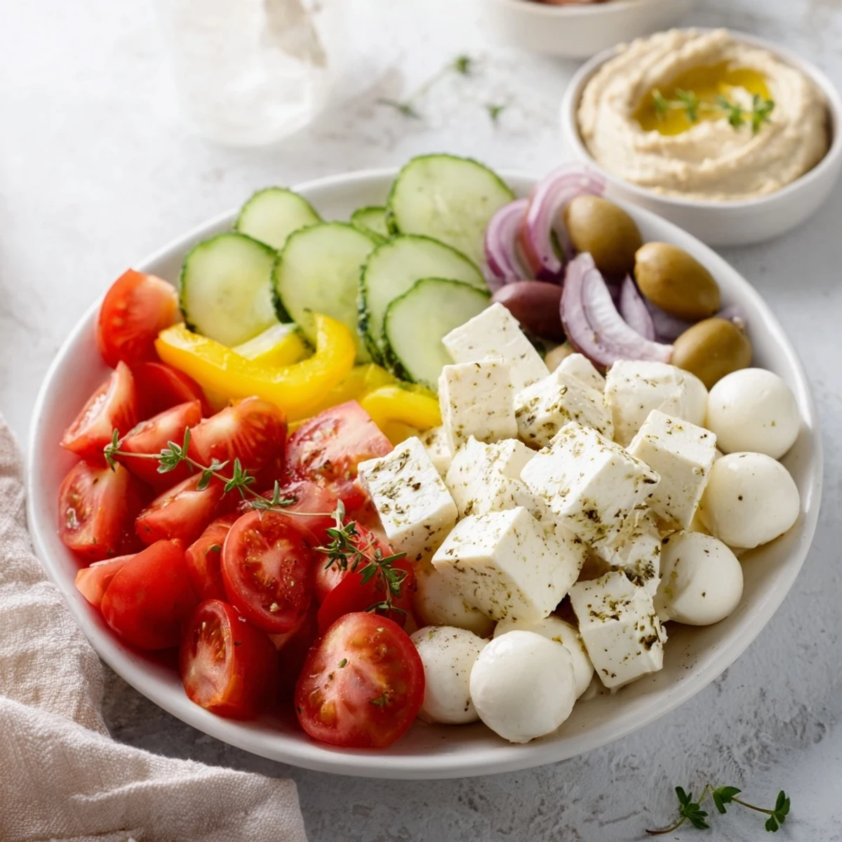 Inviting Sun-Drenched Patio mezze board: creamy feta, bright veggies, and hummus, perfect for sharing and easy dining.