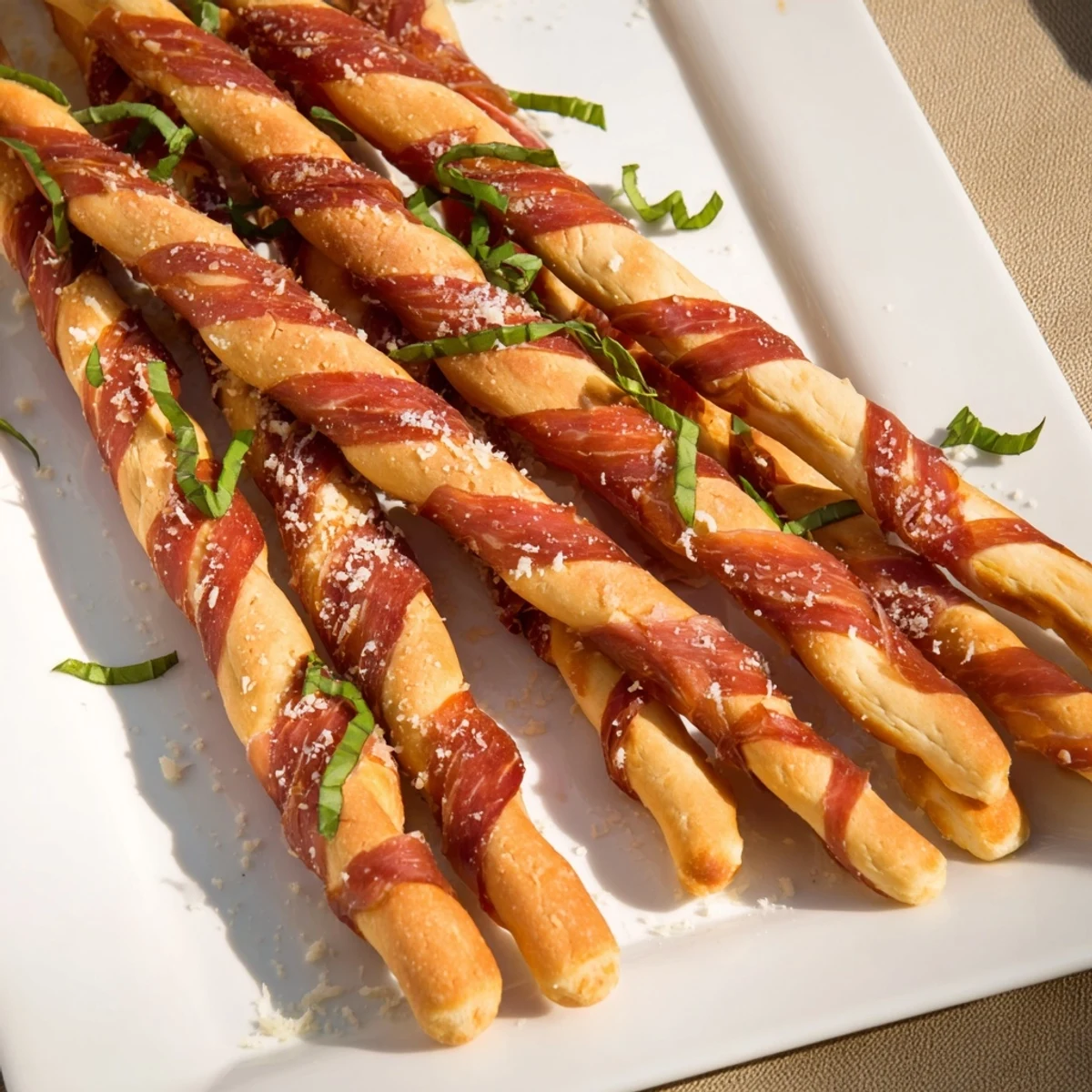 The Golden Gate appetizer looks delicious: a creative snack featuring breadsticks and savory prosciutto ribbons.