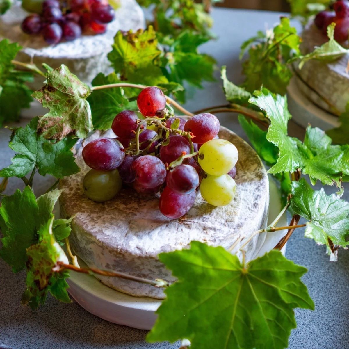 Fresh grapevines draped over rustic cheese wheels, forming a beautiful rustic Vineyard appetizer.