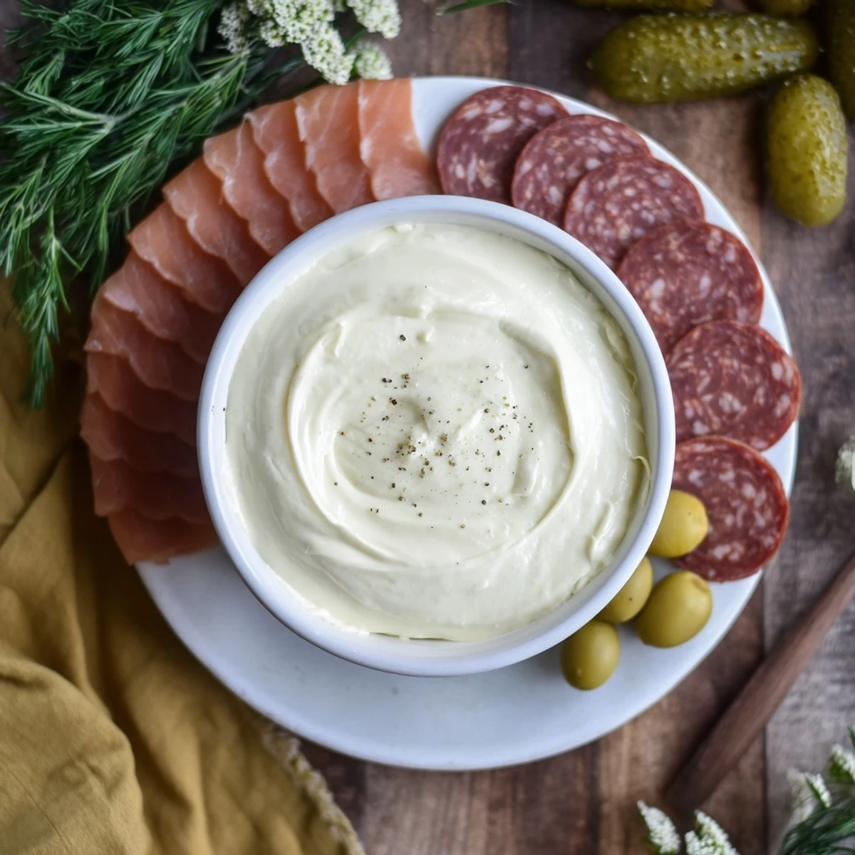 The Compass Rose appetizer displays smoked salmon, chorizo, prosciutto, and roast beef around a creamy dip.