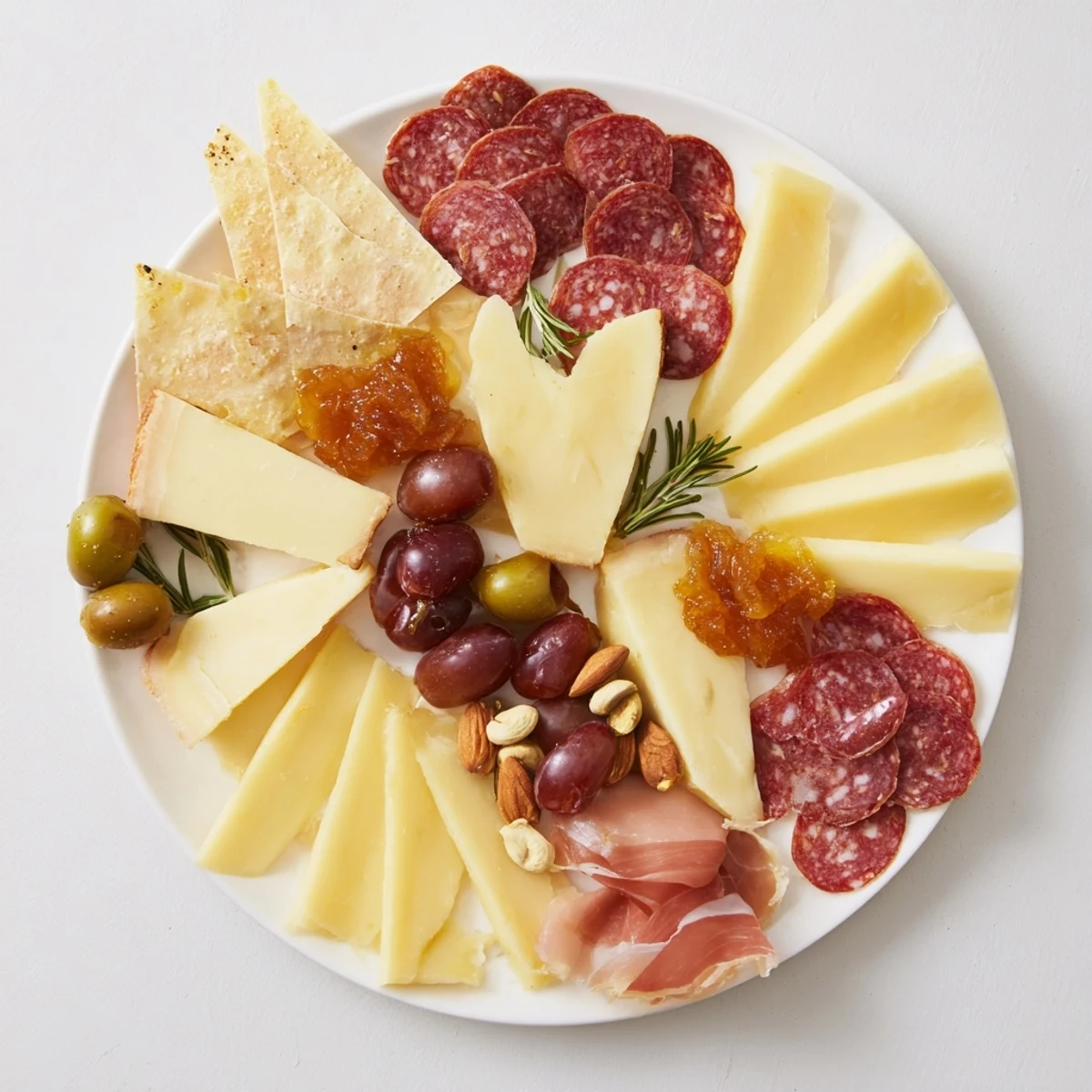 A stunning Geometric Gala, showcasing gluten-free crackers, fig jam, and artistic cheese/meat cut designs.