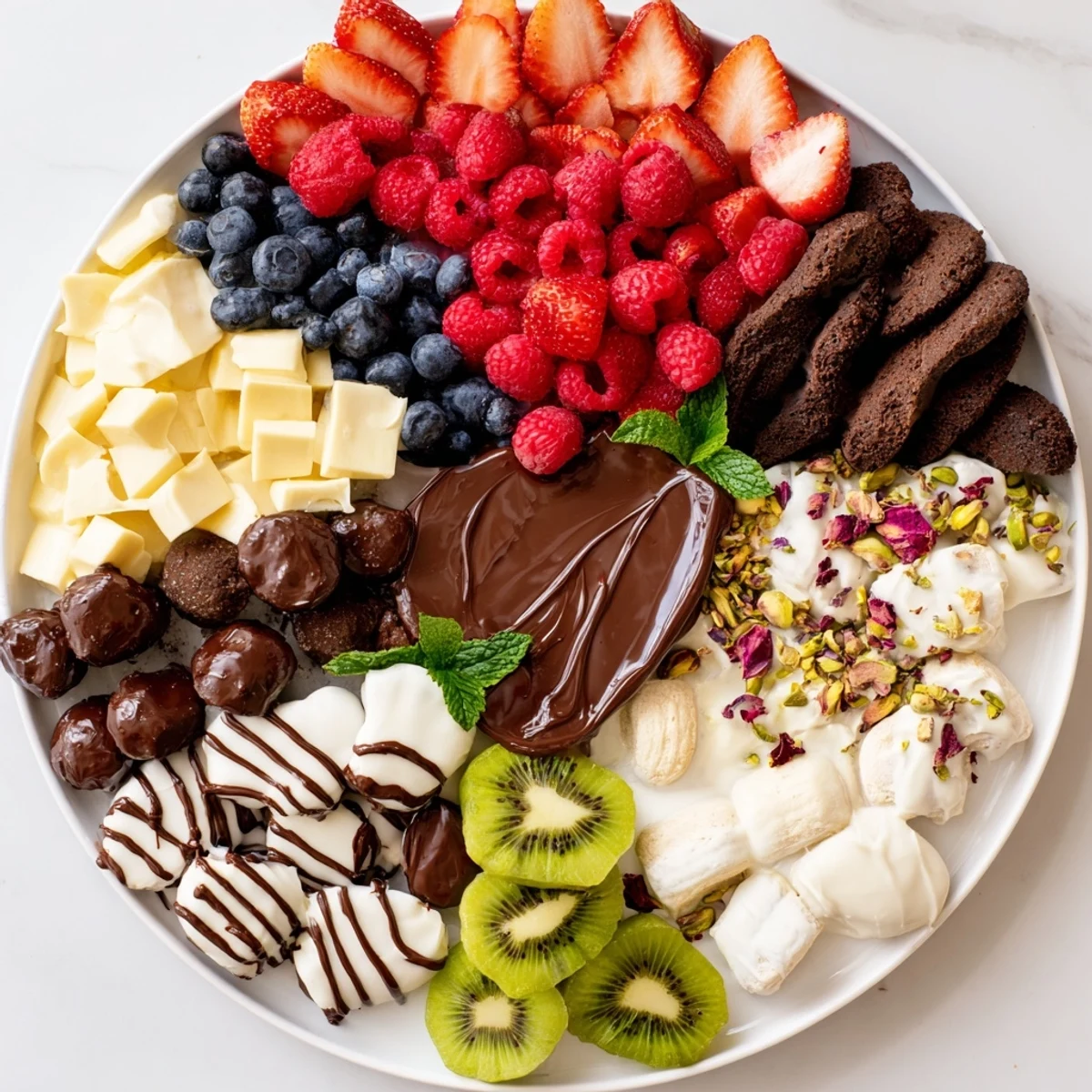 A decadent Sweet Dessert Decadence platter, artistically drizzled with melted dark and white chocolate.