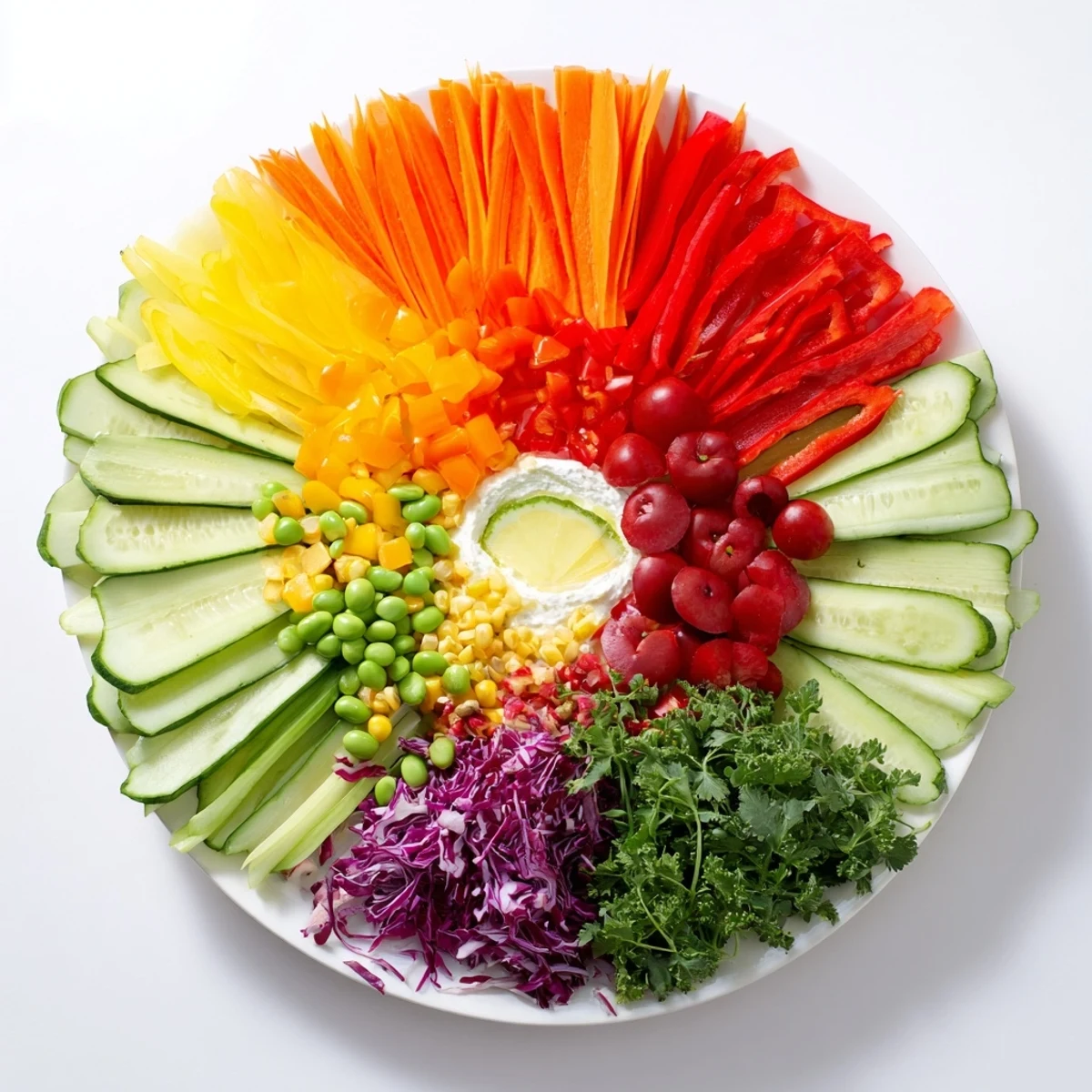 The Prism Burst salad displays vibrant, fresh vegetables and fruits fanned out from a creamy white base.