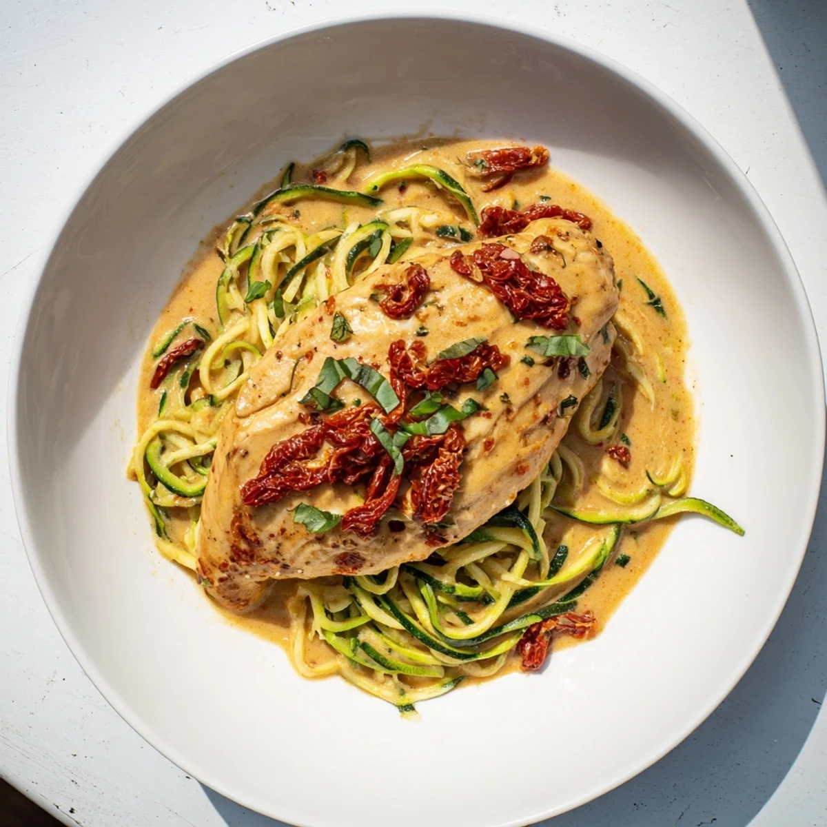 Golden-seared Marry Me Chicken breasts nestle in a creamy sun-dried tomato sauce atop fresh zoodles.