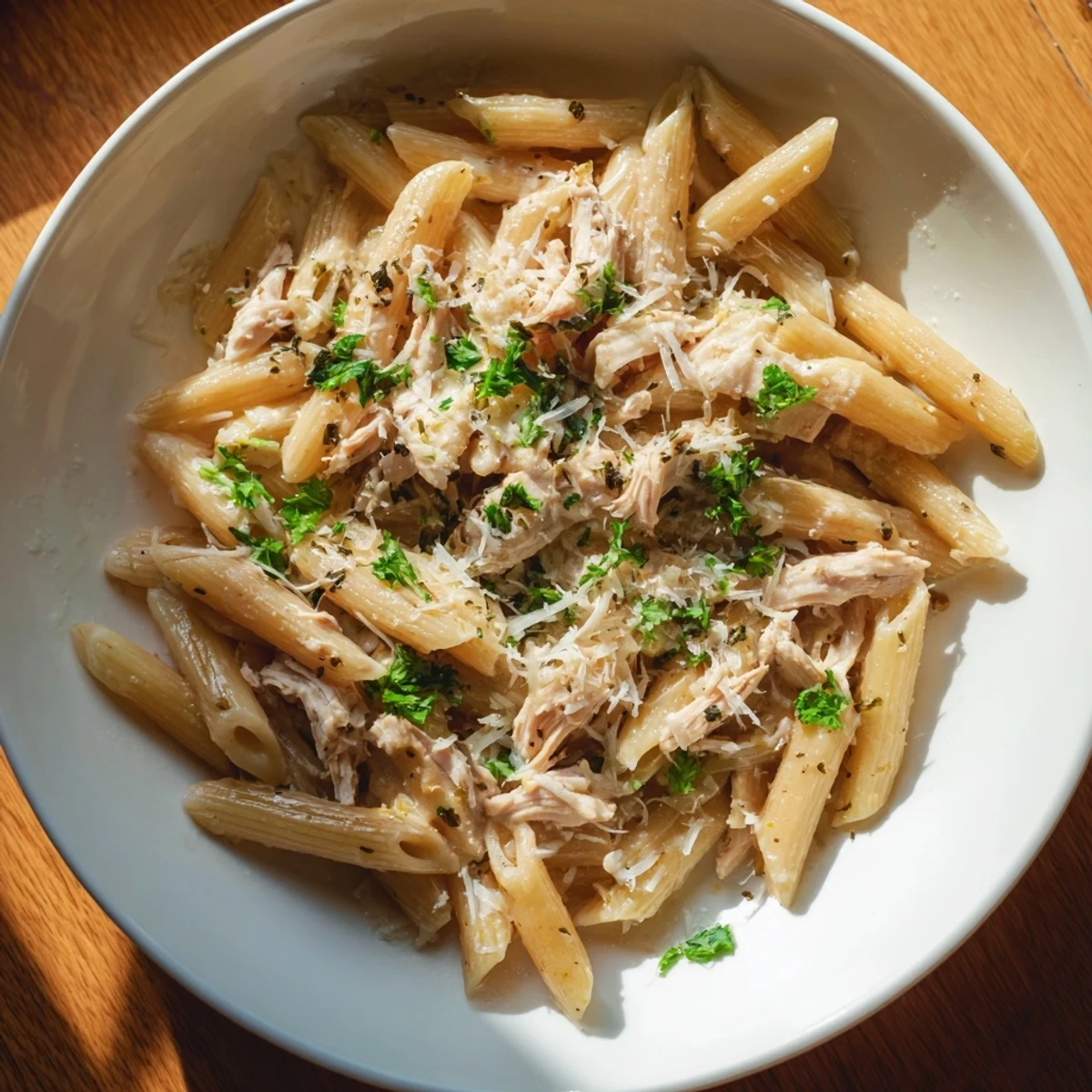 Steaming bowl of Tinis Creamy Chicken Pasta, garnished with fresh parsley and extra Parmesan cheese.