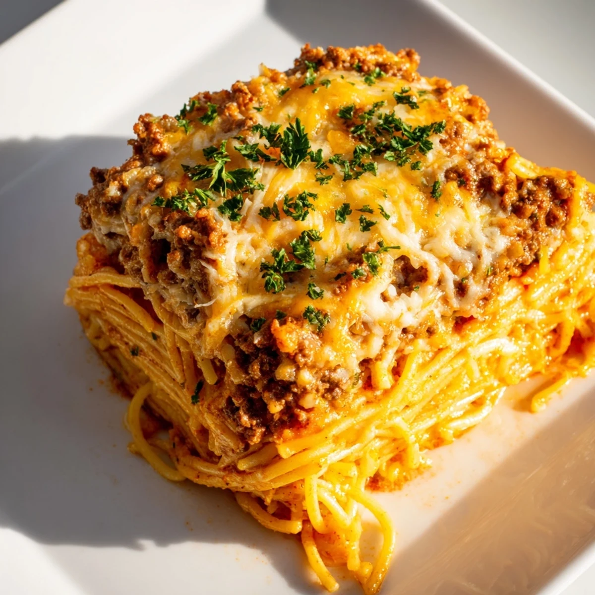 Tinis Baked Spaghetti bubbling in a casserole dish, topped with melted cheese, ready to serve.