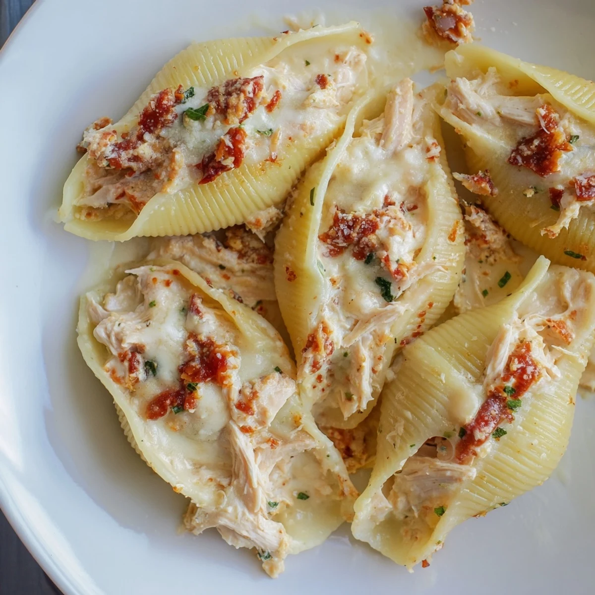 Creamy, cheesy Marry Me Chicken Stuffed Shells, baked until bubbly and golden, a delightful family meal.