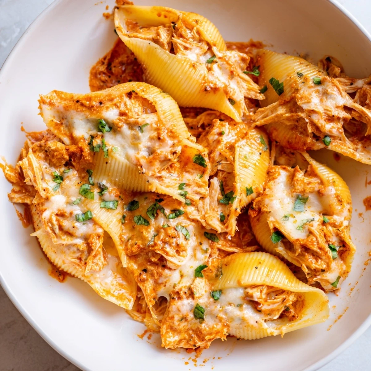 A close-up of pasta shells, filled with flavorful chicken, coated in rich Marry Me sauce.
