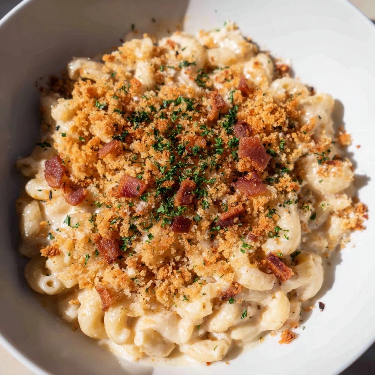 Creamy bites of Tinis Mac and Cheese with Bacon, bubbling golden with crispy bacon topping.