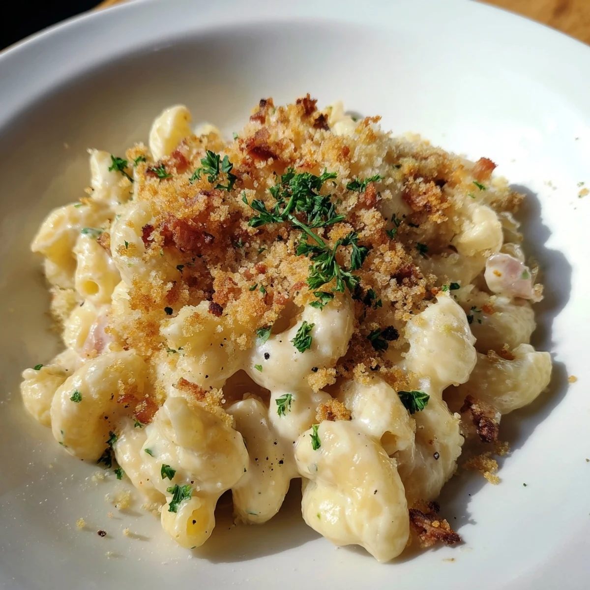 A close-up view of Tinis Mac and Cheese with Bacon, showing a cheesy, saucy delight and bacon crumbles.
