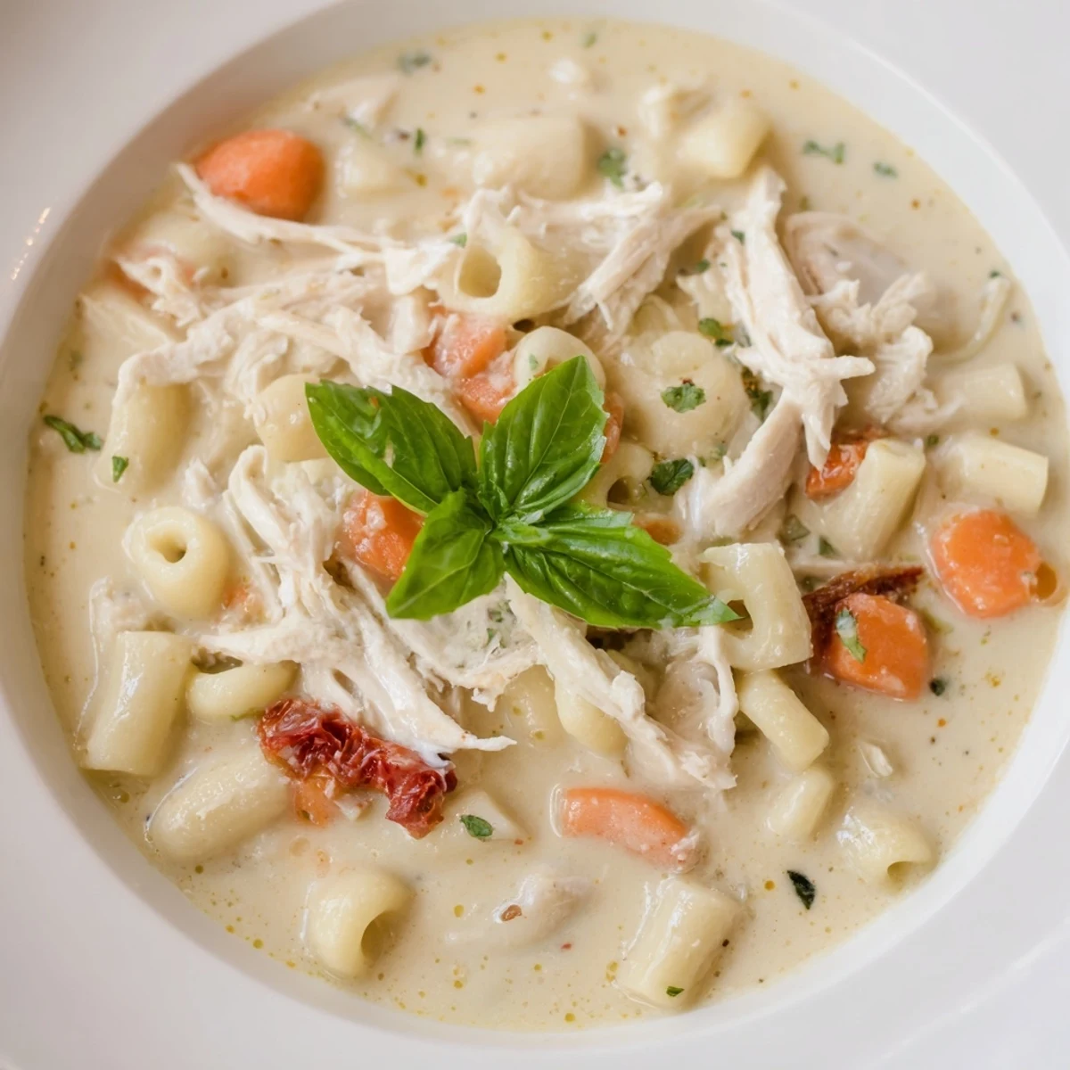 A steaming bowl of comforting Marry Me Chicken Soup, finished with fresh basil, for a flavorful dinner.
