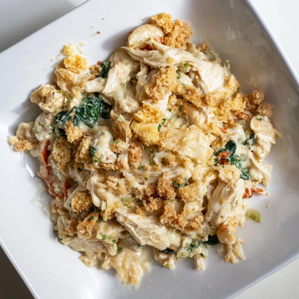 Golden-brown Ritz cracker topping blankets the bubbly, creamy Marry Me Chicken Casserole in the baking dish.