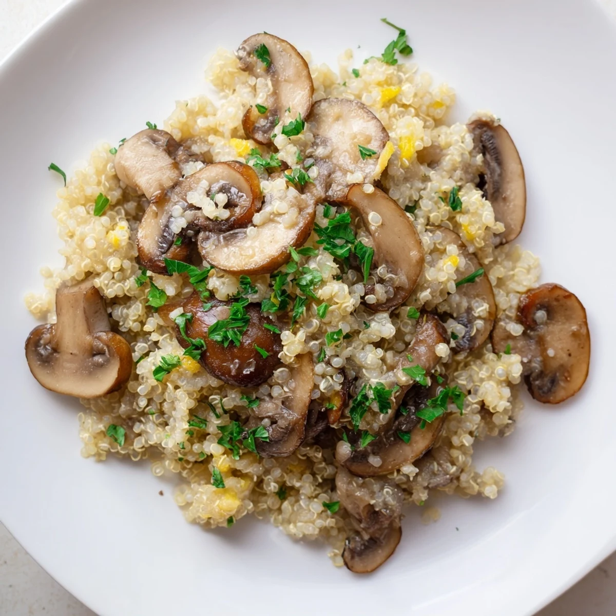 Creamy Mushroom Quinoa Risotto: A steaming bowl of savory risotto with Parmesan and fresh parsley.