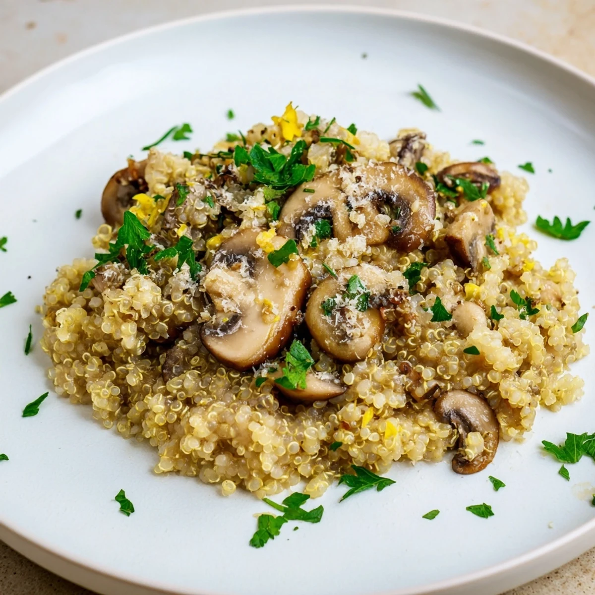 Tender quinoa and mushrooms combine in this comforting Mushroom Quinoa Risotto, a gluten-free main course.