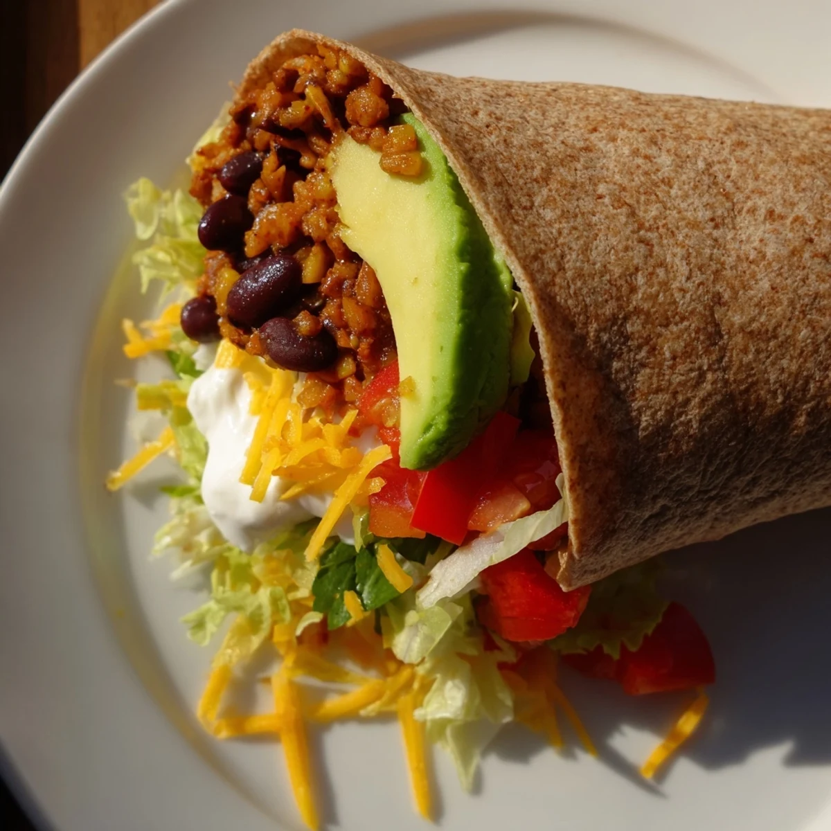 A perfectly wrapped, warm-looking Smoky Black Bean Burrito, with visible layers and fresh cilantro.