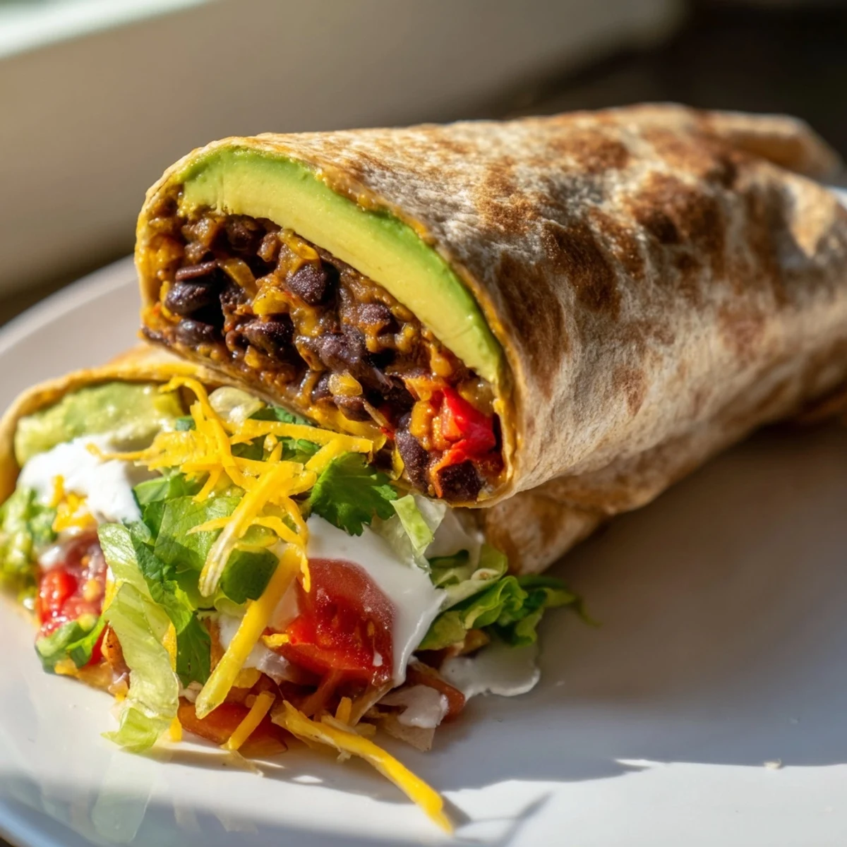 Steaming Smoky Black Bean Burrito, loaded with fresh toppings and ready to be enjoyed.