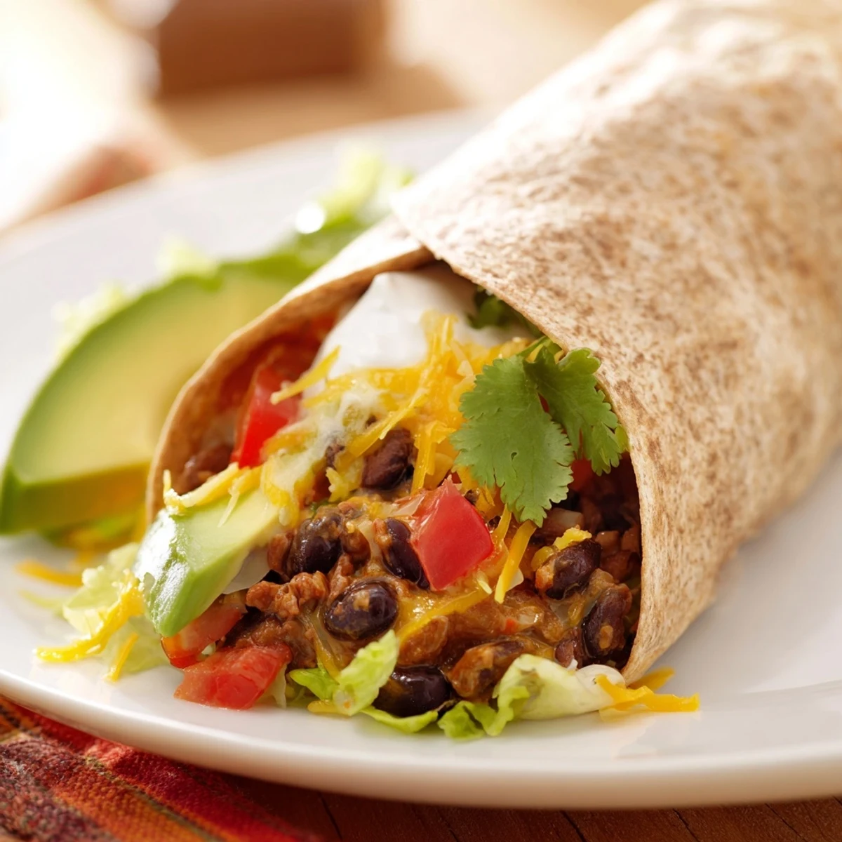Close-up photo of a vibrant Smoky Black Bean Burrito, boasting a hearty, flavorful filling.