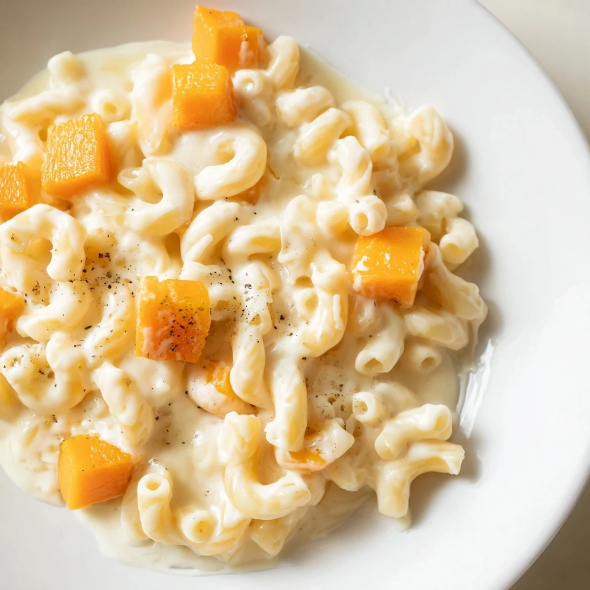 Warm, gooey butternut squash mac and cheese, topped with crispy panko, ready to serve this evening.