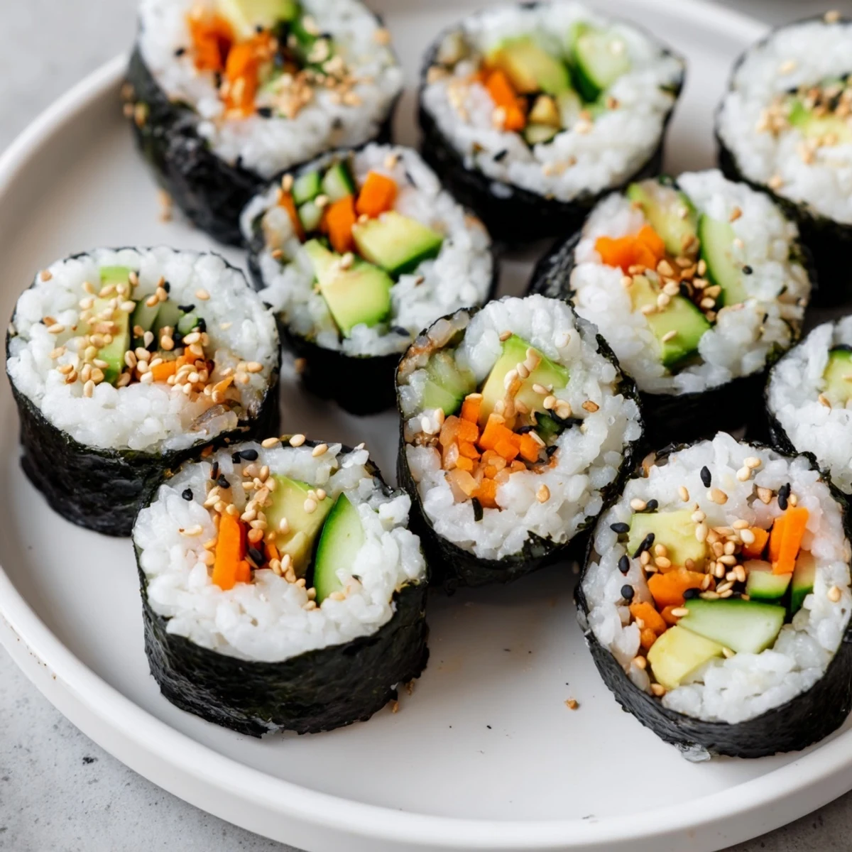Vibrant avocado cucumber sushi rolls, packed with fresh veggies, artfully arranged and ready to eat.