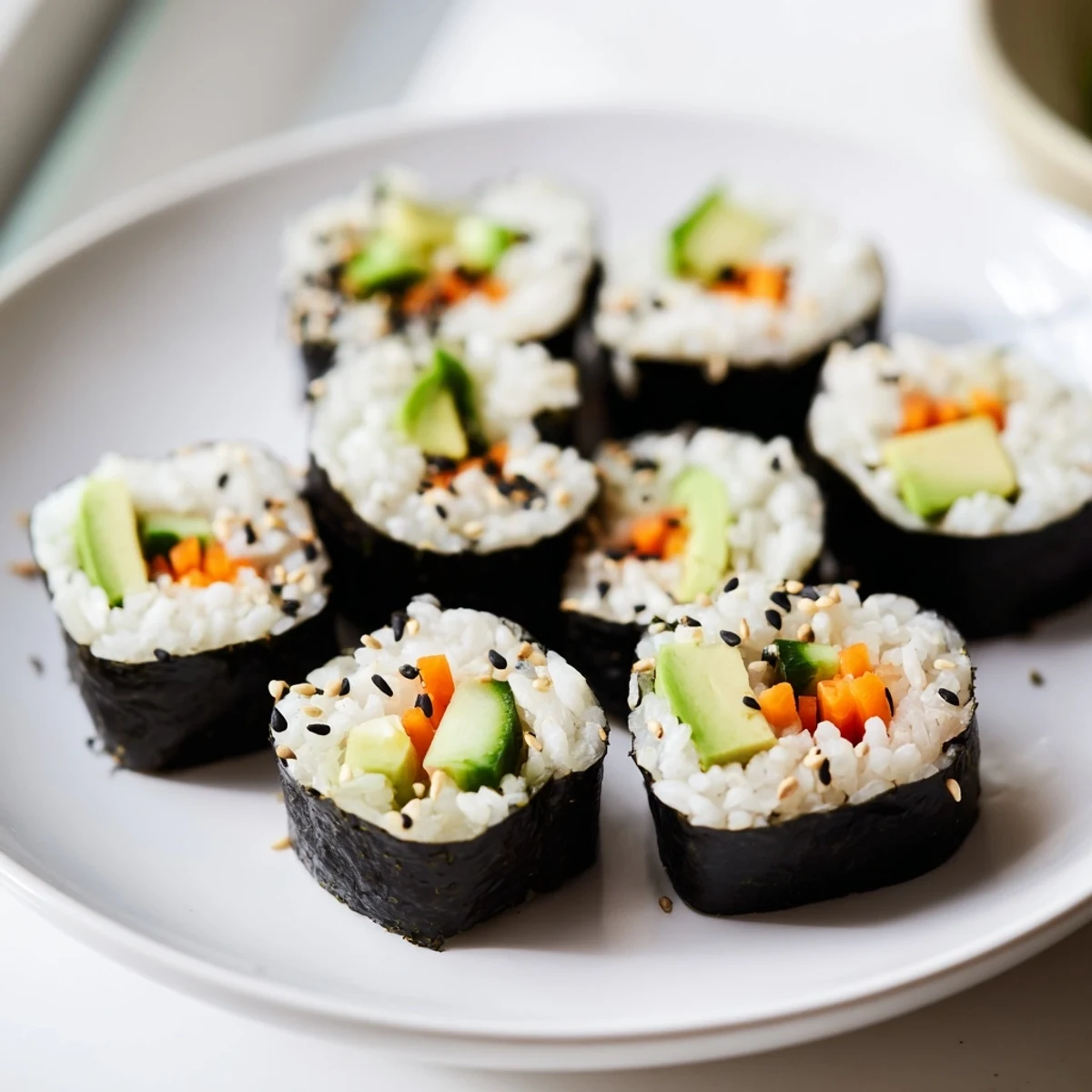 Delectable plate of avocado cucumber sushi, with sesame seeds, perfect for a healthy lunch or appetizer.