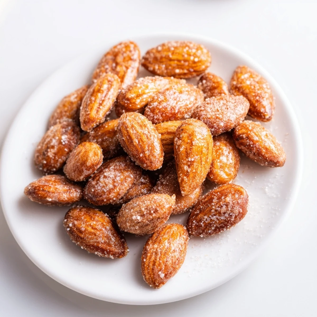 Sweet, perfectly spiced cinnamon roasted almonds, glistening with sugar, ready to cool on a tray.