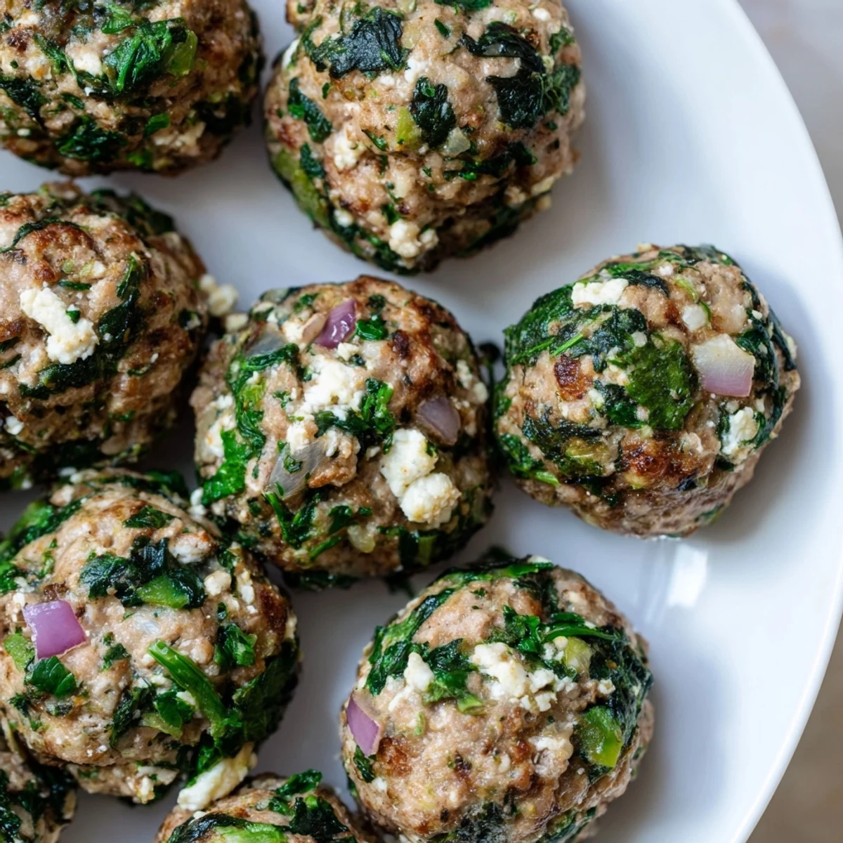 Close-up of baked spinach feta turkey meatballs, showing the texture and flavorful ingredients, ideal for serving.