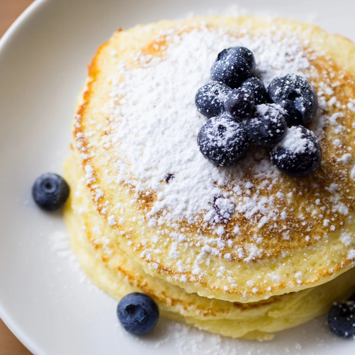 Fluffy Lemon Ricotta Pancakes golden-brown, served with fresh berries and drizzled maple syrup.