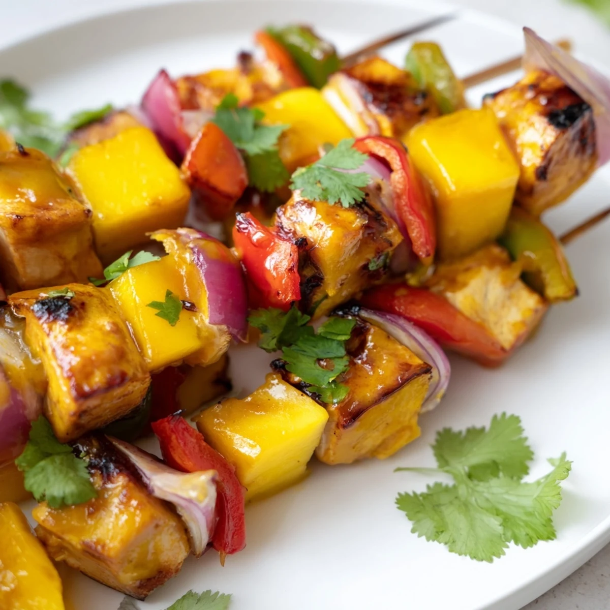 Juicy Mango Lime Chicken Skewers fresh off the grill, sizzling with vibrant, tropical flavors.