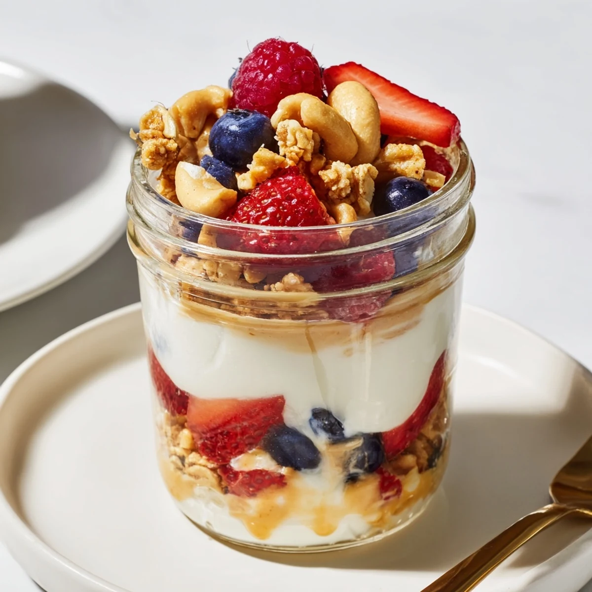 Creamy Cashew Butter Yogurt Parfait layered with vibrant berries, ready for a delicious breakfast.