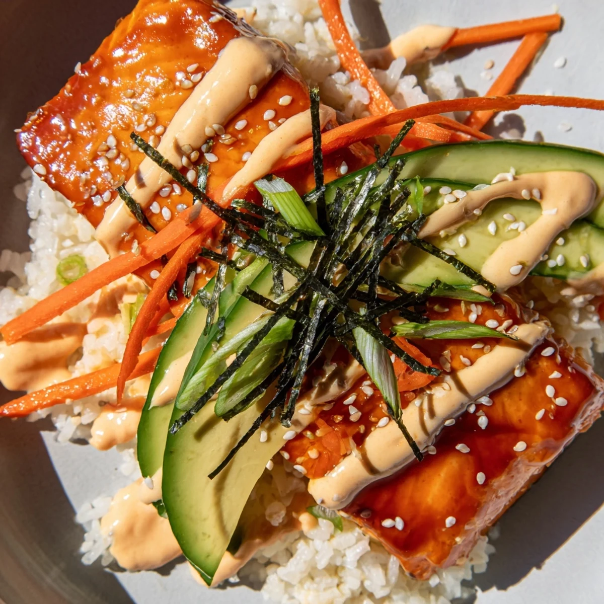 A beautiful Teriyaki Salmon Rice Bowl with glistening salmon and vibrant, fresh toppings.