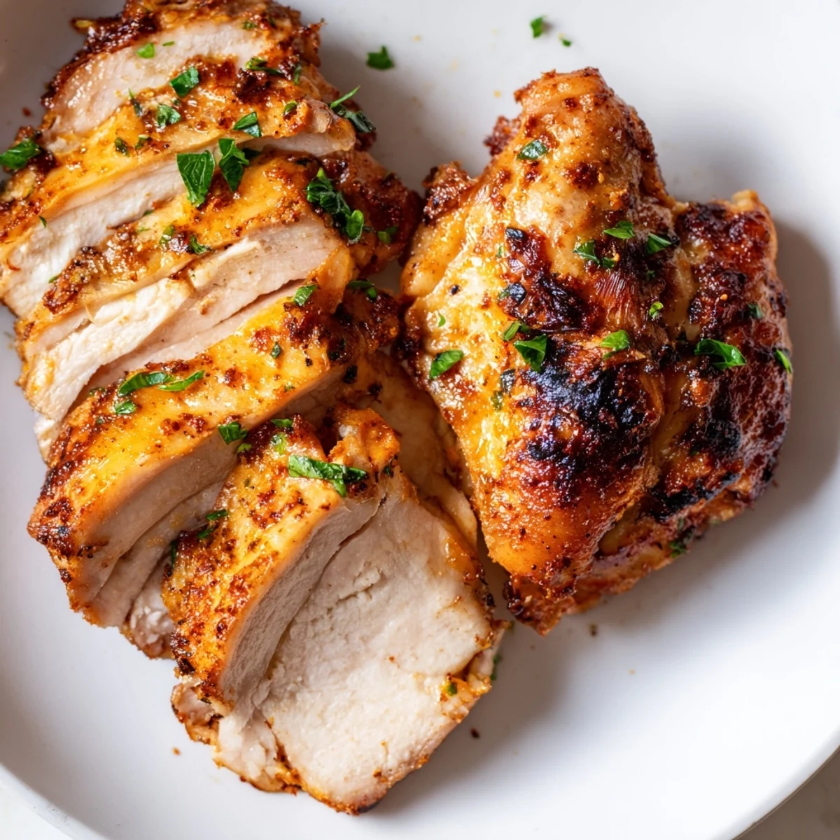 Juicy Greek Yogurt Chicken breasts, baked to golden brown perfection, ready to slice and serve.