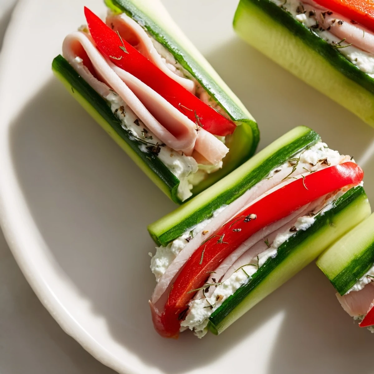 Cucumber Roll-Ups, showcasing fresh cucumber spirals filled with creamy cheese and savory deli meat.
