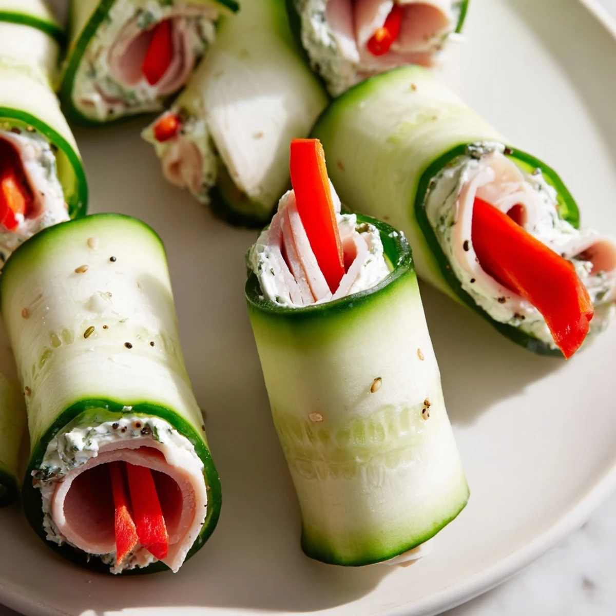 Delectable close-up of Cucumber Roll-Ups: the perfect bite with a hint of everything bagel seasoning.