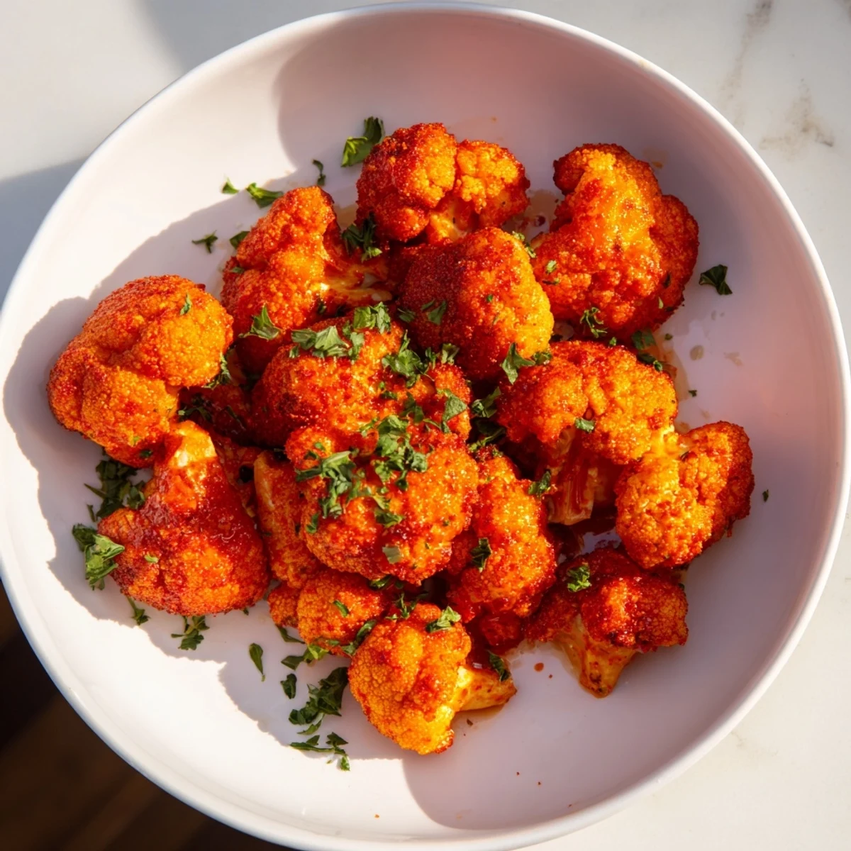 Golden brown Buffalo Cauliflower Bites, crispy and spicy, ready for dipping in vegan ranch.
