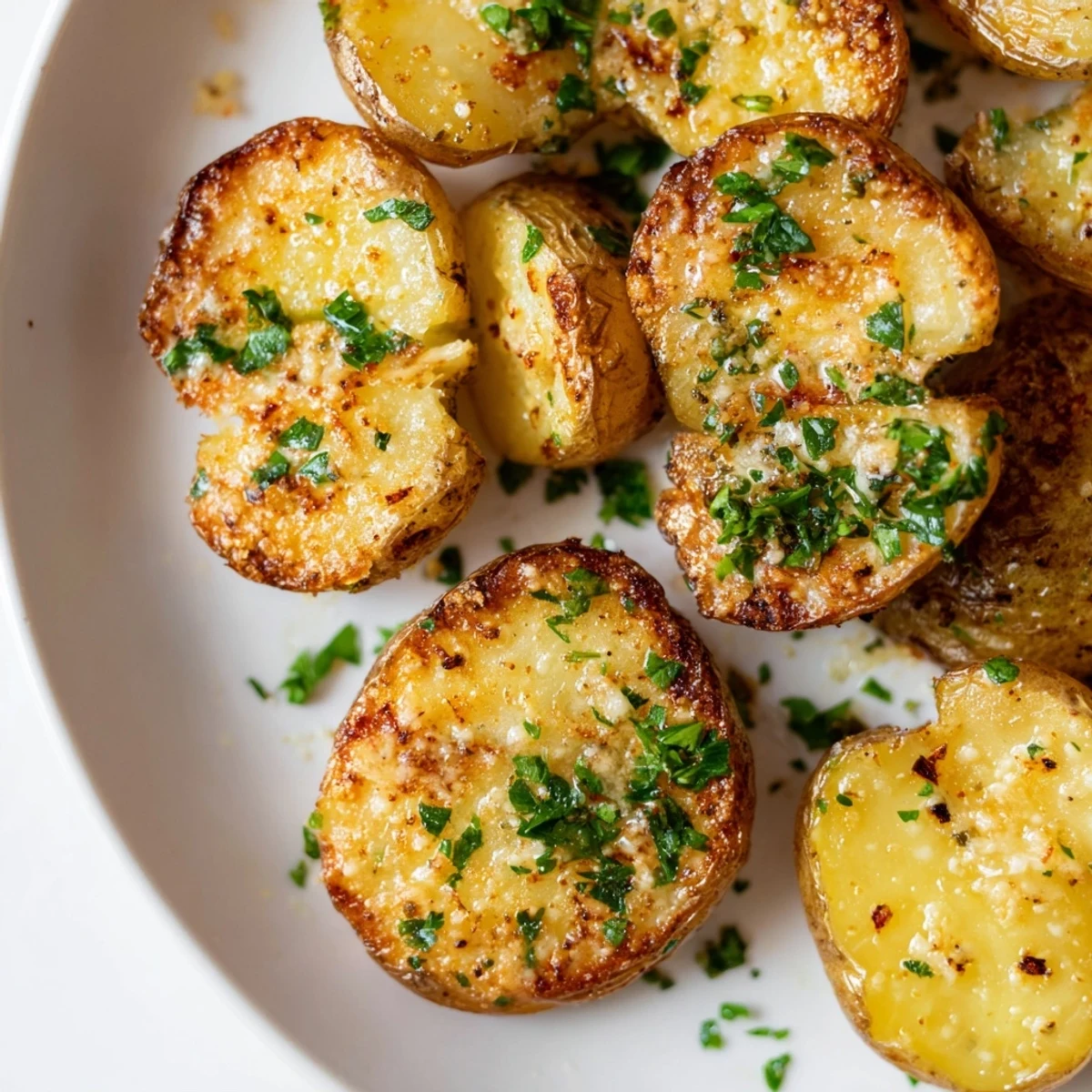 Golden Garlic Parmesan Potatoes, crispy and herb-infused, ready to serve as a delicious side.