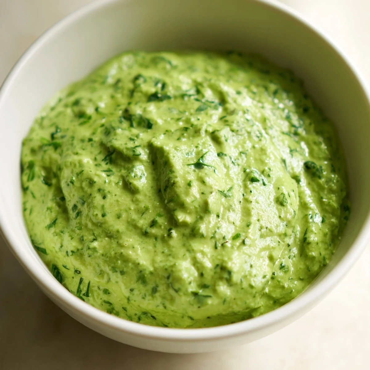A close-up of a bowl of homemade Green Goddess Dip, showcasing its smooth, green texture ready to serve.
