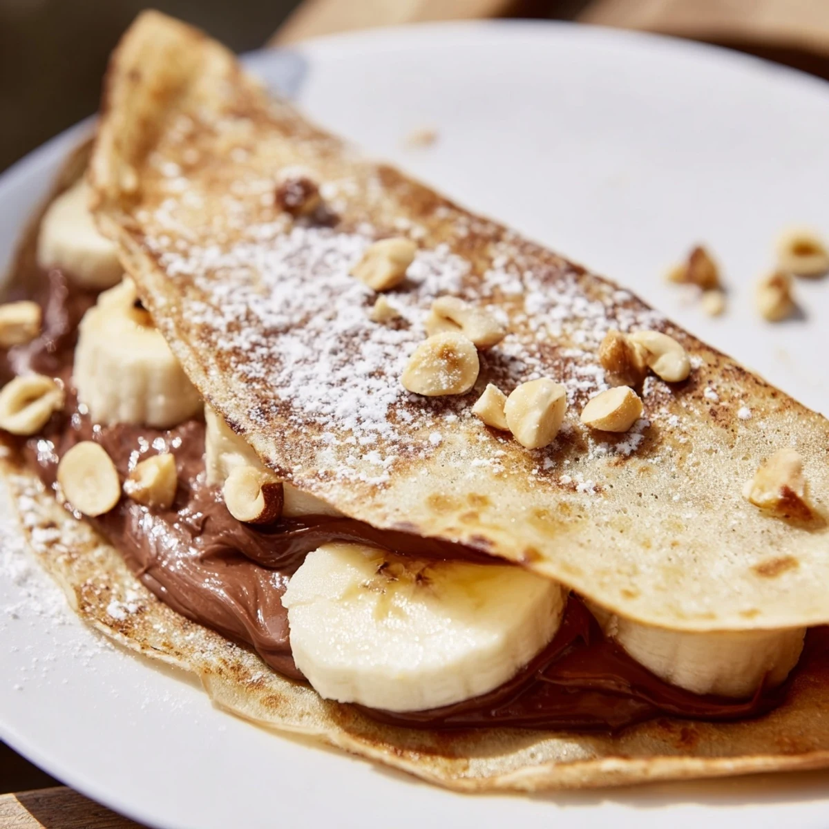 Golden-brown Banana Nutella Wrap, folded and crispy, with sweet banana slices spilling out.
