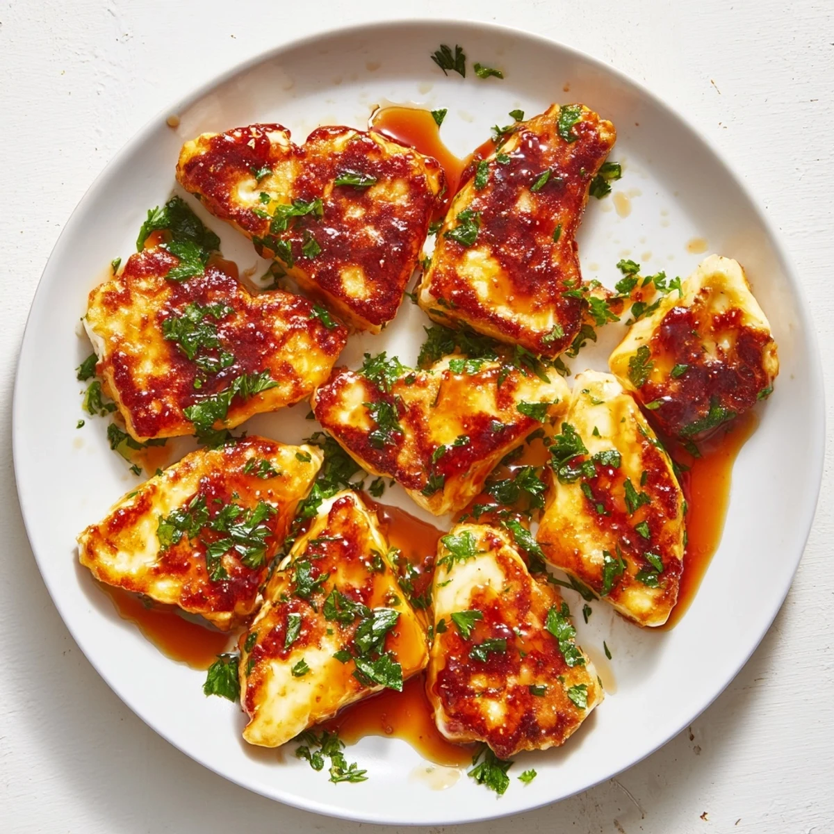 Golden-brown Hot Honey Halloumi, crispy fried cheese drizzled with a sweet and spicy glaze.