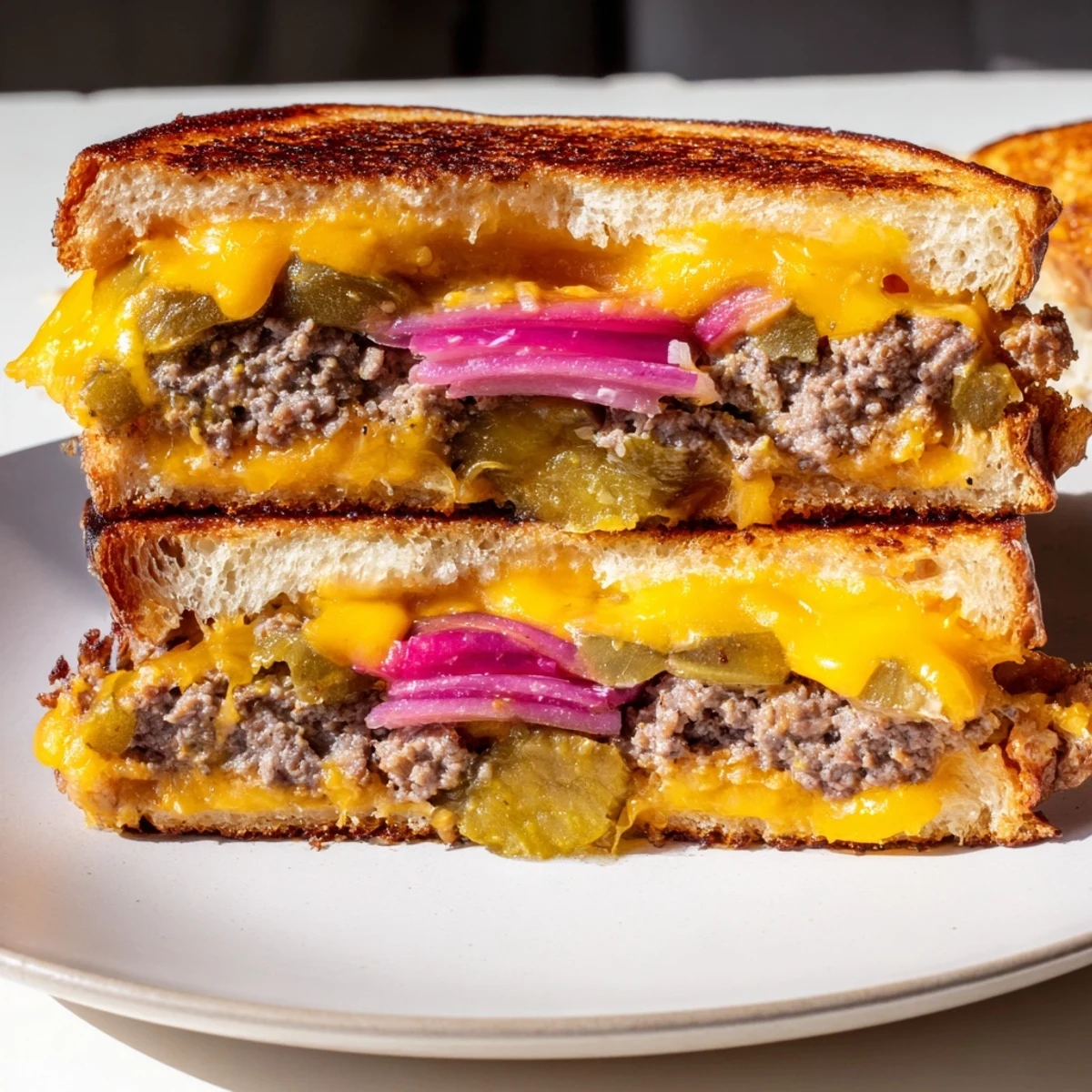 Golden, melted cheese oozes from a Smashed Burger Grilled Cheese, served with crispy, toasted bread.