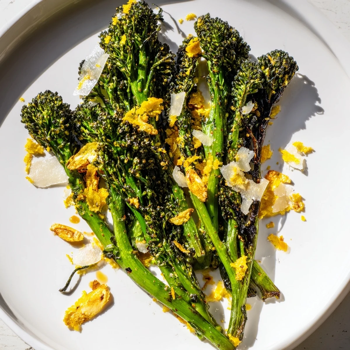 Air-fried broccolini salad with crispy garlic and Parmesan – a vibrant vegetarian delight.