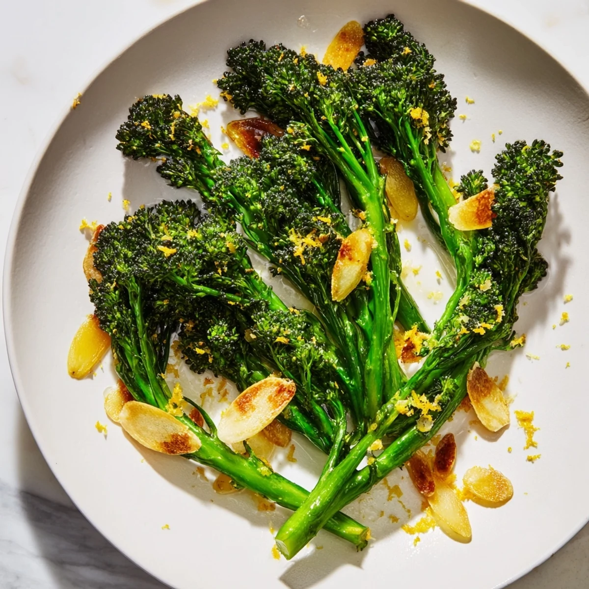 This beautiful charred broccolini salad is garnished with toasted pine nuts and a squeeze of fresh lemon.