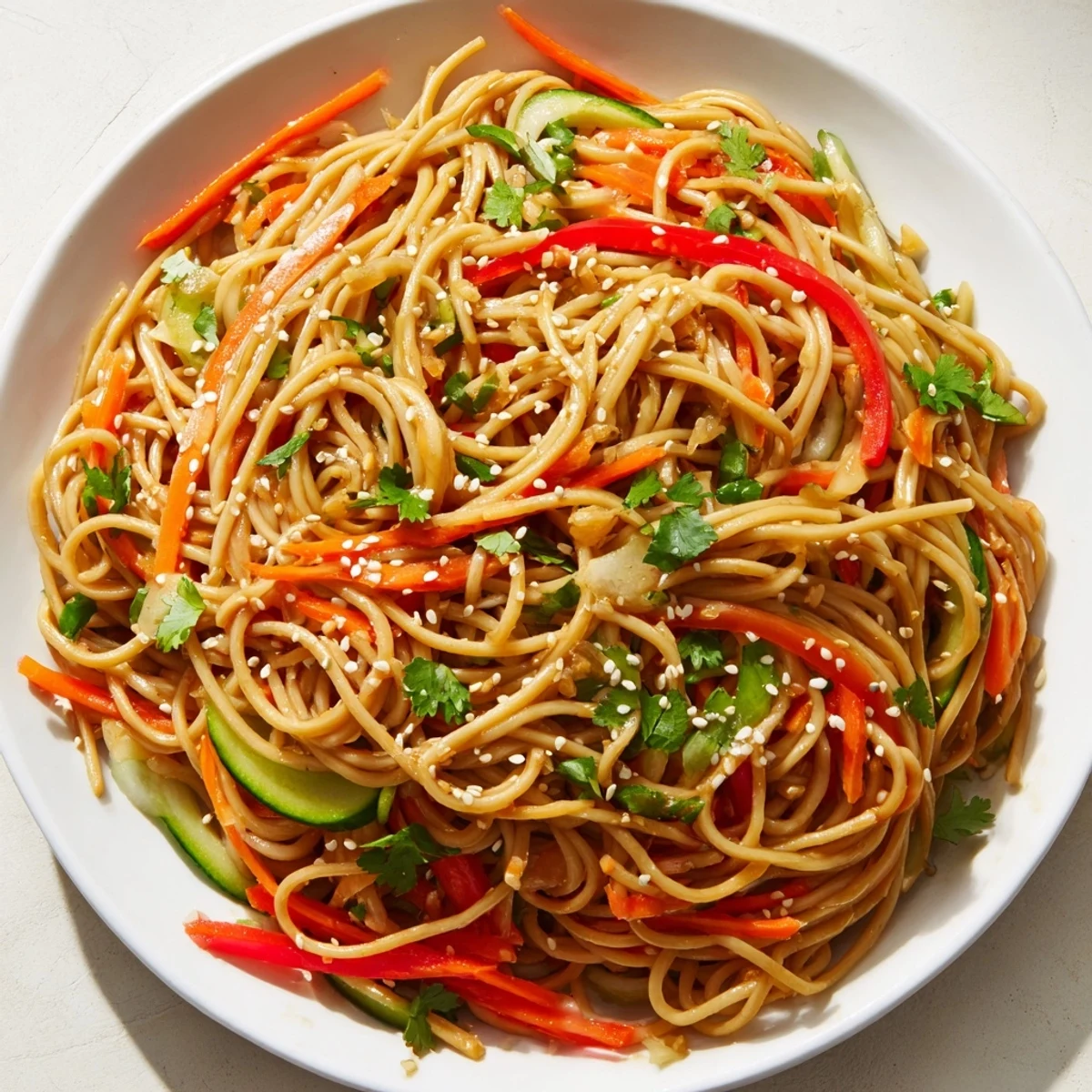 A colorful bowl of Garlic Noodle Salad with vibrant vegetables and sesame seeds, ready to eat.