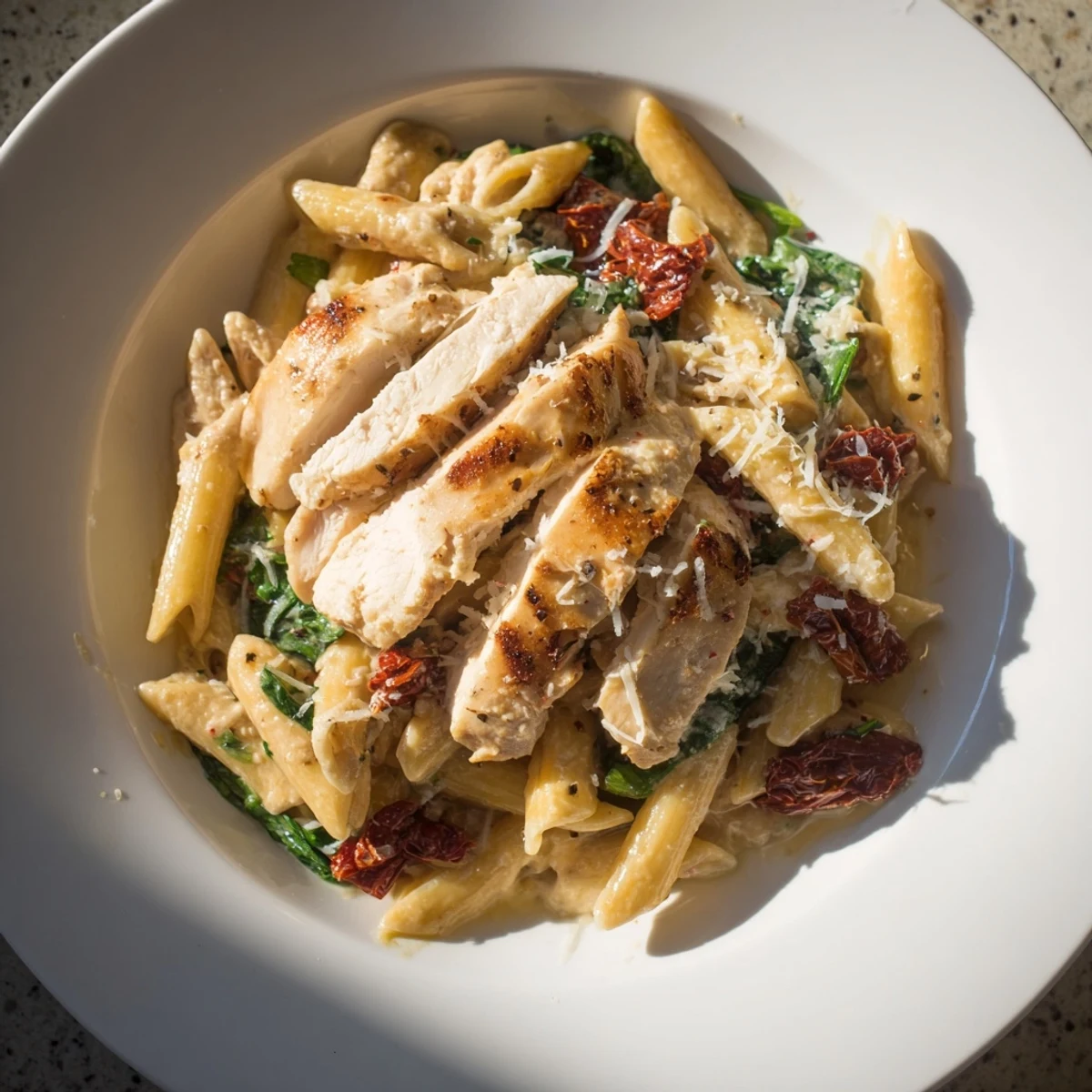 A bright photo showing creamy Tuscan chicken pasta, a flavorful dish with fresh spinach and chicken.