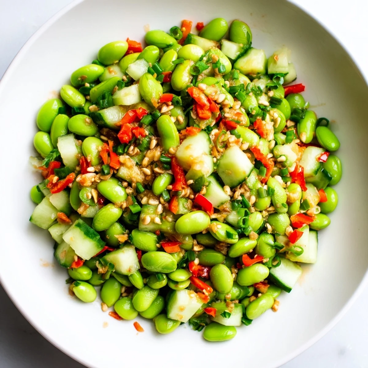 Vibrant edamame salad with crisp cucumber and a savory sesame dressing, ready to enjoy!