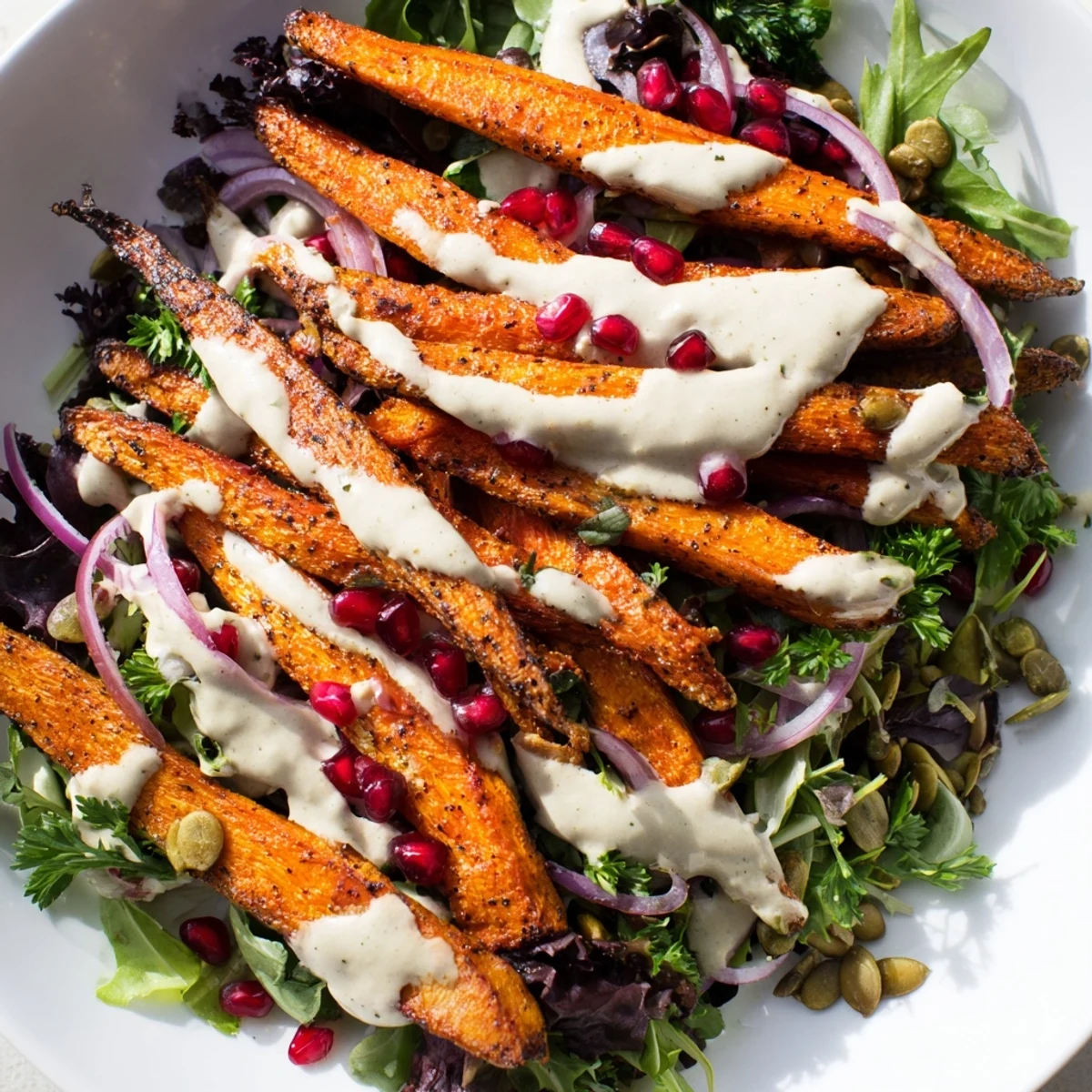 Bright, caramelized roasted carrot salad topped with creamy tahini-lemon dressing.
